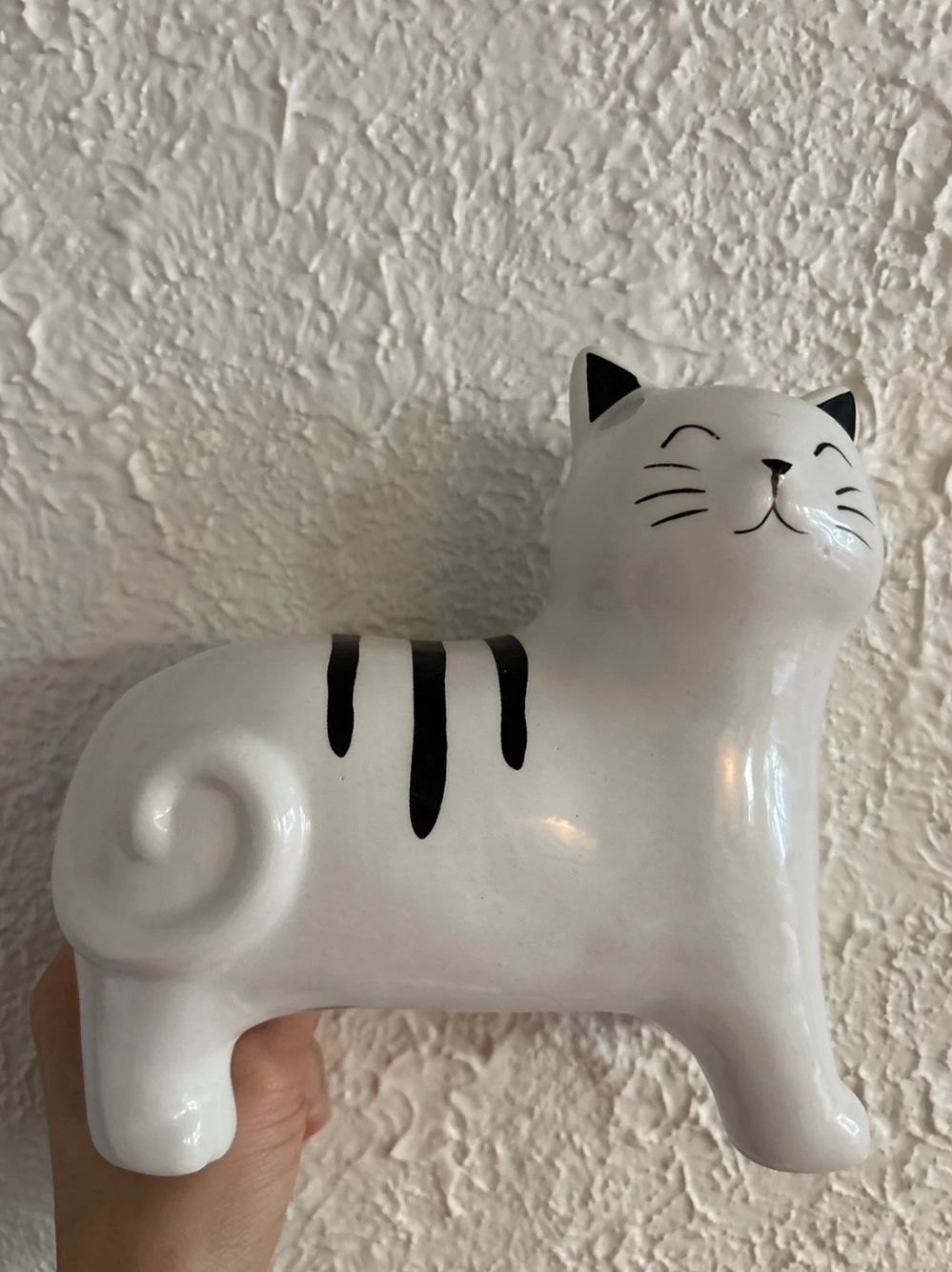 White Ceramic Cat Figurine with Black Accents - Decorative Home Accent